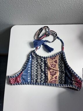 Cute Crochet Trim Boho Paisley Bikini Halter Top Size X Small